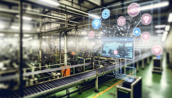 工場ライン、IoT、データ分析をしている画像